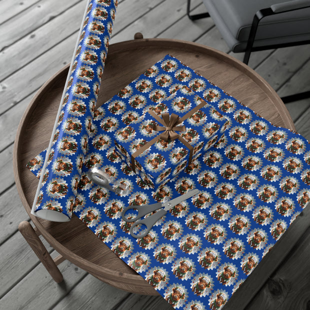 Jingle Coo in Blue Wrapping Paper - Christmas Gift Wrap - Highland Coo - Scottish Cow