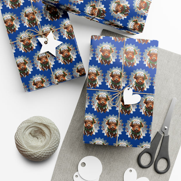 Jingle Coo in Blue Wrapping Paper - Christmas Gift Wrap - Highland Coo - Scottish Cow