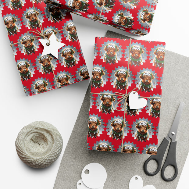 Jingle Coo in Red Wrapping Paper - Christmas Gift Wrap - Highland Coo - Scottish Cow