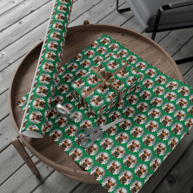 Jingle Coo in Green Wrapping Paper - Christmas Gift Wrap - Highland Coo - Scottish Cow