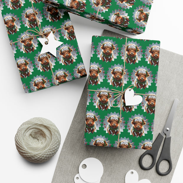 Jingle Coo in Green Wrapping Paper - Christmas Gift Wrap - Highland Coo - Scottish Cow