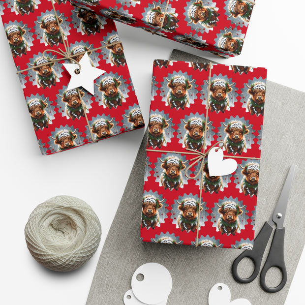 Jingle Coo in Red Wrapping Paper - Christmas Gift Wrap - Highland Coo - Scottish Cow