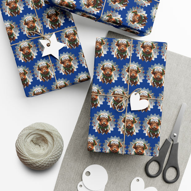 Jingle Coo in Blue Wrapping Paper - Christmas Gift Wrap - Highland Coo - Scottish Cow