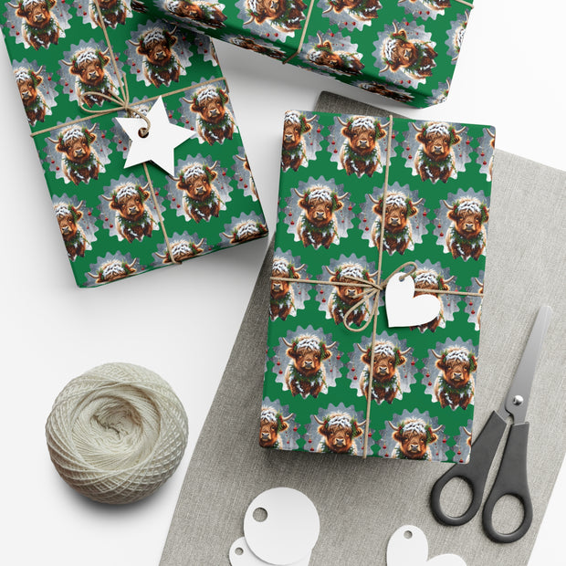 Jingle Coo in Green Wrapping Paper - Christmas Gift Wrap - Highland Coo - Scottish Cow