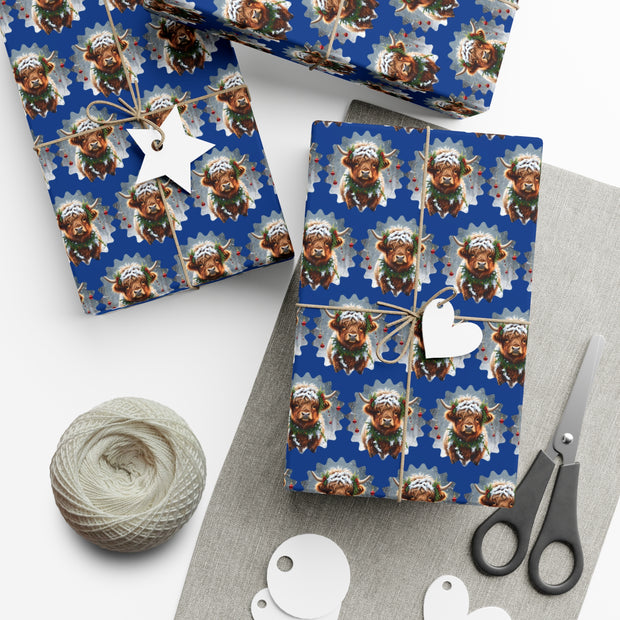 Jingle Coo in Blue Wrapping Paper - Christmas Gift Wrap - Highland Coo - Scottish Cow