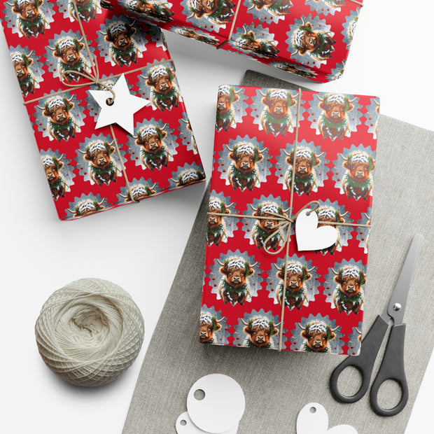 Jingle Coo in Red Wrapping Paper - Christmas Gift Wrap - Highland Coo - Scottish Cow