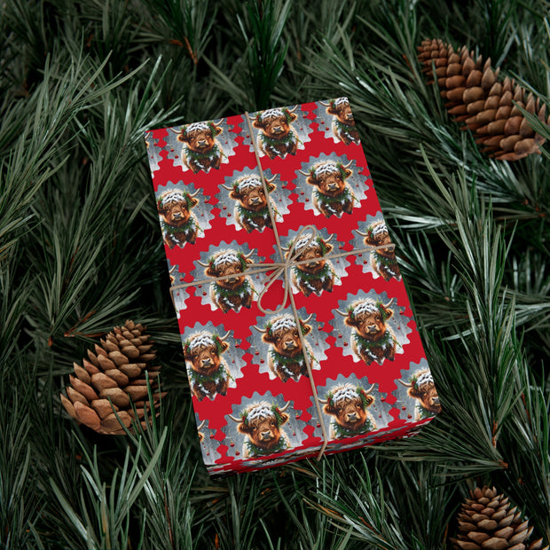 Jingle Coo in Red Wrapping Paper - Christmas Gift Wrap - Highland Coo - Scottish Cow