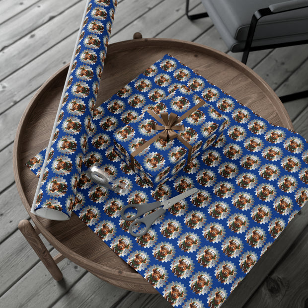 Jingle Coo in Blue Wrapping Paper - Christmas Gift Wrap - Highland Coo - Scottish Cow