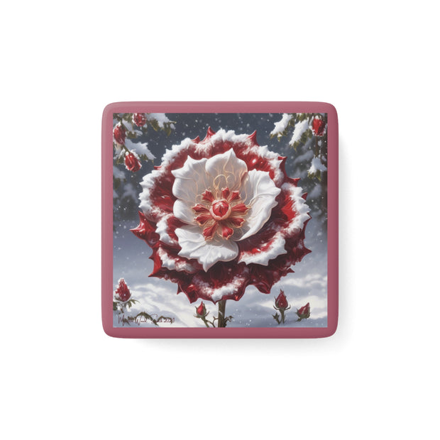 Grace in Frost Porcelain Magnet – Tudor Rose - Winter Beauty