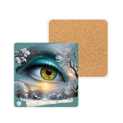 Mother Nature's Gaze  Ceramic Coaster - Serene Winter Scene in Teals and Golds