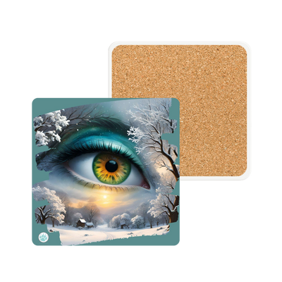 Mother Nature's Gaze  Ceramic Coaster - Serene Winter Scene in Teals and Golds