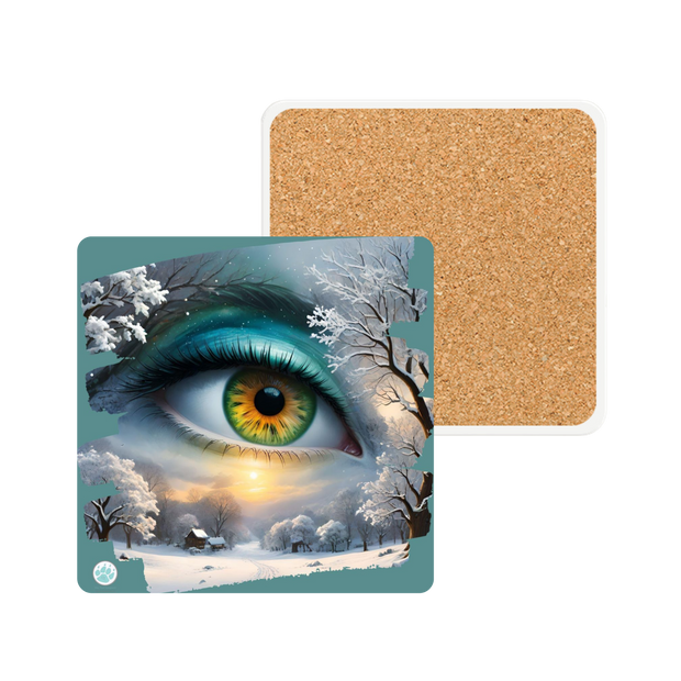 Mother Nature's Gaze  Ceramic Coaster - Serene Winter Scene in Teals and Golds