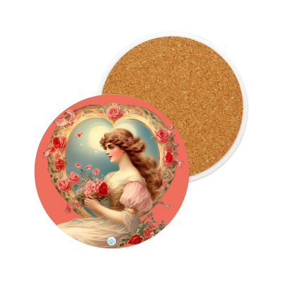 Victorian Love's Embrace Ceramic Coaster - Victorian Valentine Artwork - Nostalgic Romance - Roses - Valentine's Day Gift