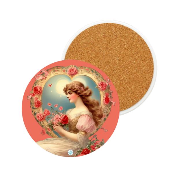 Victorian Love's Embrace Ceramic Coaster - Victorian Valentine Artwork - Nostalgic Romance - Roses - Valentine's Day Gift