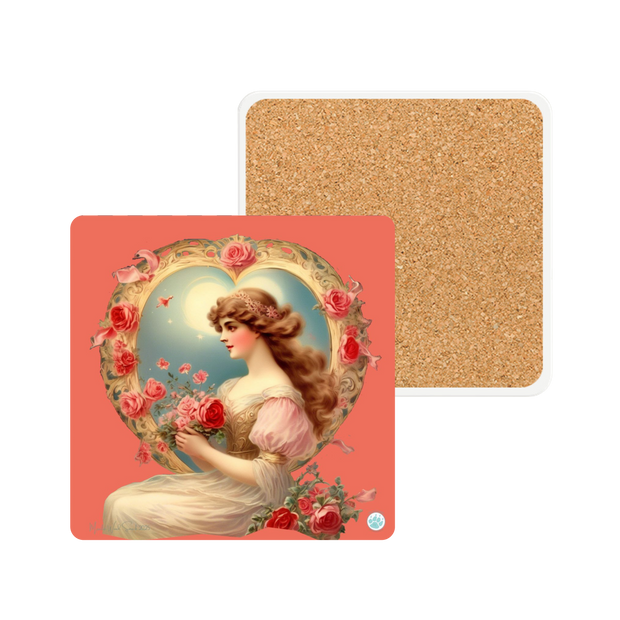 Victorian Love's Embrace Ceramic Coaster - Victorian Valentine Artwork - Nostalgic Romance - Roses - Valentine's Day Gift